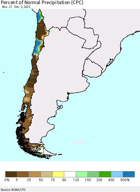 Chile Percent of Normal Precipitation (CPC) Thematic Map For 11/27/2023 - 12/3/2023