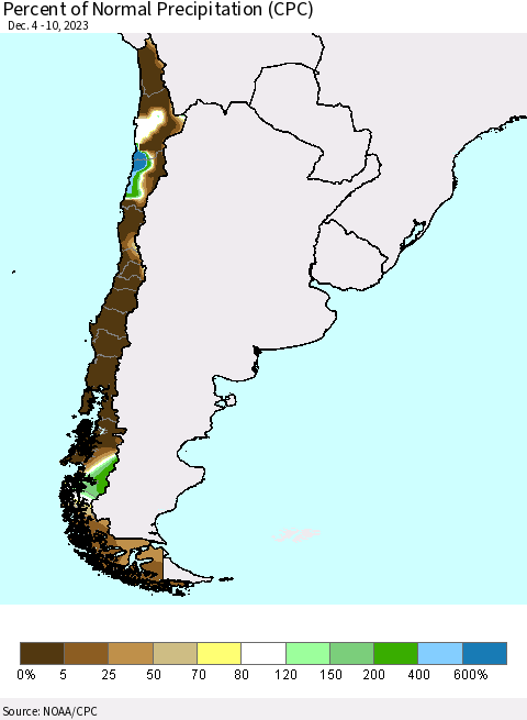 Chile Percent of Normal Precipitation (CPC) Thematic Map For 12/4/2023 - 12/10/2023