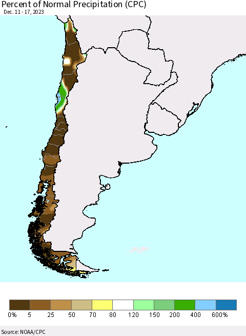 Chile Percent of Normal Precipitation (CPC) Thematic Map For 12/11/2023 - 12/17/2023