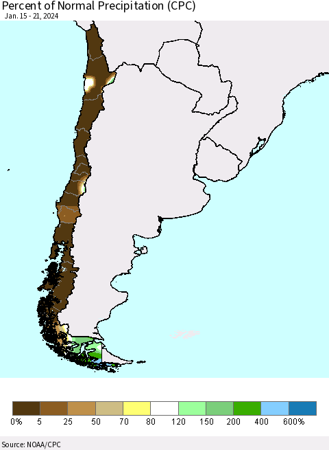 Chile Percent of Normal Precipitation (CPC) Thematic Map For 1/15/2024 - 1/21/2024