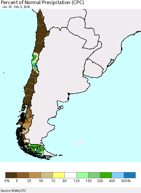 Chile Percent of Normal Precipitation (CPC) Thematic Map For 1/29/2024 - 2/4/2024