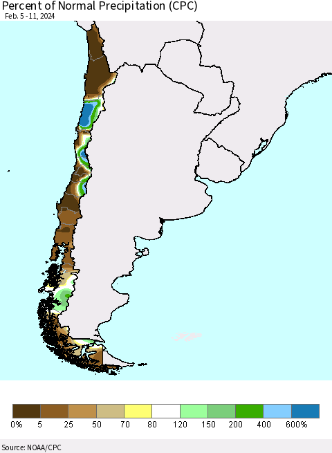 Chile Percent of Normal Precipitation (CPC) Thematic Map For 2/5/2024 - 2/11/2024