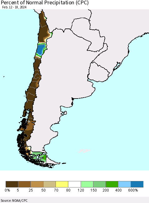Chile Percent of Normal Precipitation (CPC) Thematic Map For 2/12/2024 - 2/18/2024