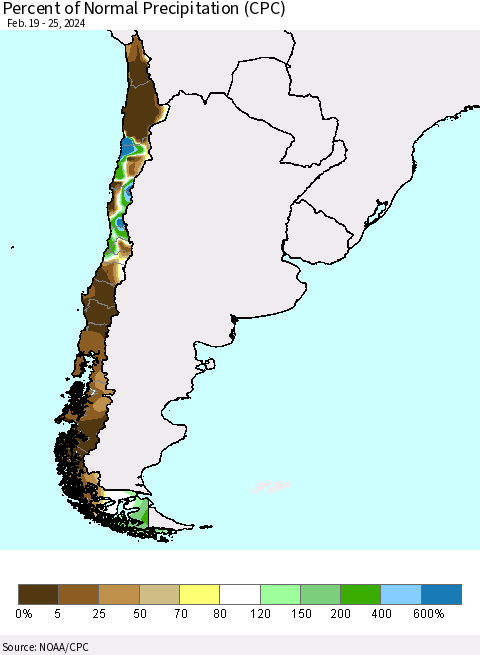 Chile Percent of Normal Precipitation (CPC) Thematic Map For 2/19/2024 - 2/25/2024