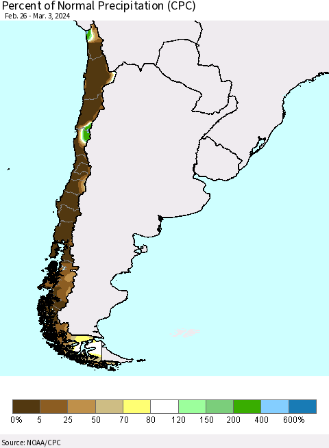 Chile Percent of Normal Precipitation (CPC) Thematic Map For 2/26/2024 - 3/3/2024
