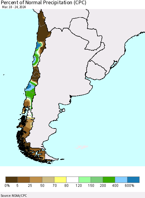 Chile Percent of Normal Precipitation (CPC) Thematic Map For 3/18/2024 - 3/24/2024
