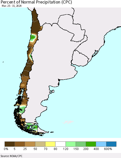 Chile Percent of Normal Precipitation (CPC) Thematic Map For 3/25/2024 - 3/31/2024
