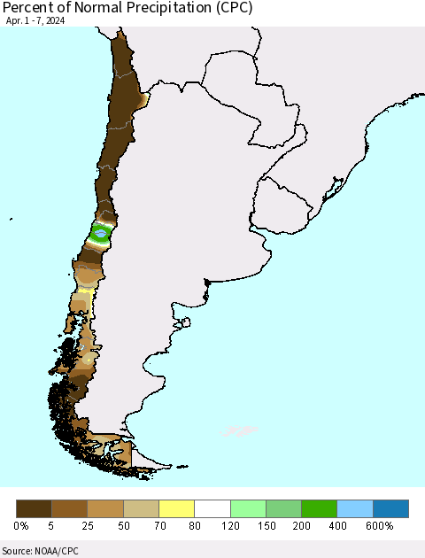 Chile Percent of Normal Precipitation (CPC) Thematic Map For 4/1/2024 - 4/7/2024