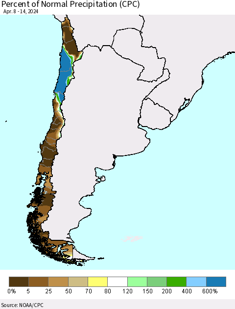 Chile Percent of Normal Precipitation (CPC) Thematic Map For 4/8/2024 - 4/14/2024