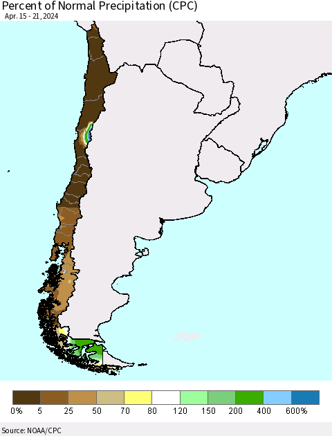 Chile Percent of Normal Precipitation (CPC) Thematic Map For 4/15/2024 - 4/21/2024