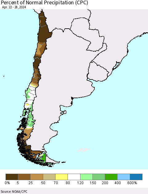 Chile Percent of Normal Precipitation (CPC) Thematic Map For 4/22/2024 - 4/28/2024