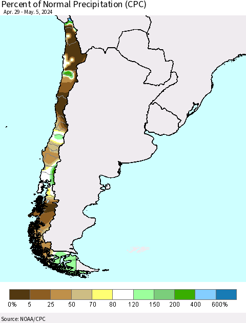 Chile Percent of Normal Precipitation (CPC) Thematic Map For 4/29/2024 - 5/5/2024