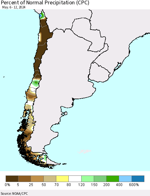 Chile Percent of Normal Precipitation (CPC) Thematic Map For 5/6/2024 - 5/12/2024