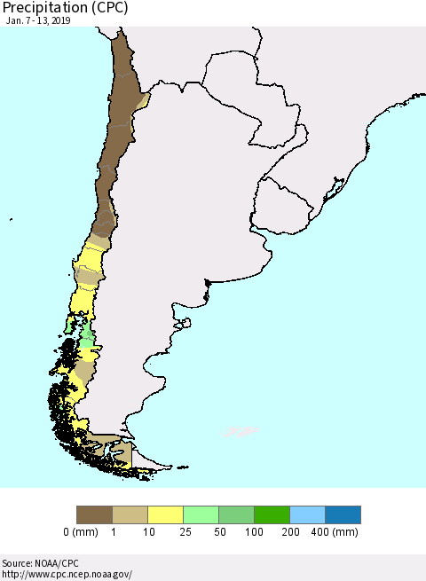 Chile Precipitation (CPC) Thematic Map For 1/7/2019 - 1/13/2019