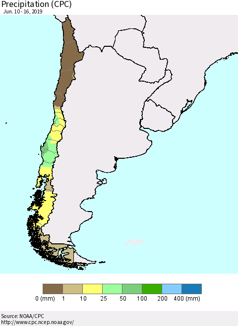 Chile Precipitation (CPC) Thematic Map For 6/10/2019 - 6/16/2019