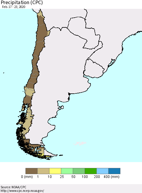 Chile Precipitation (CPC) Thematic Map For 2/17/2020 - 2/23/2020