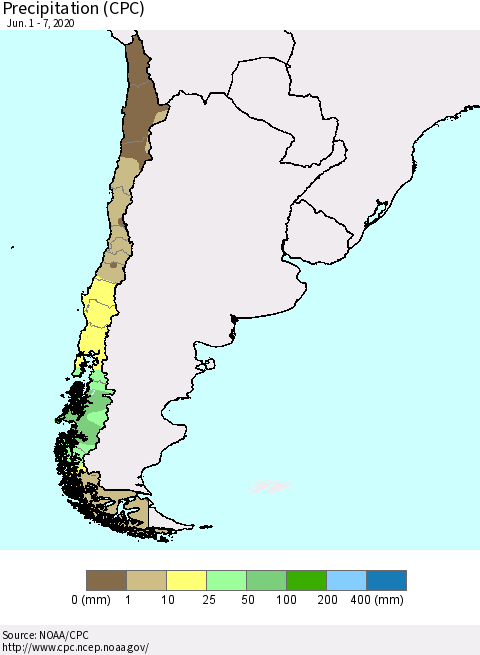 Chile Precipitation (CPC) Thematic Map For 6/1/2020 - 6/7/2020