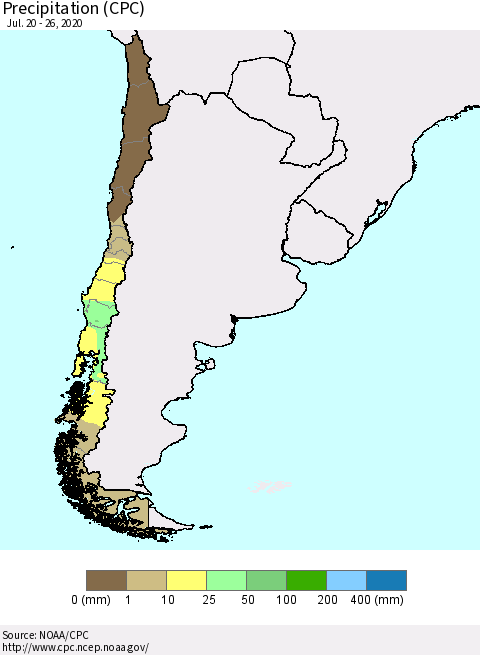 Chile Precipitation (CPC) Thematic Map For 7/20/2020 - 7/26/2020