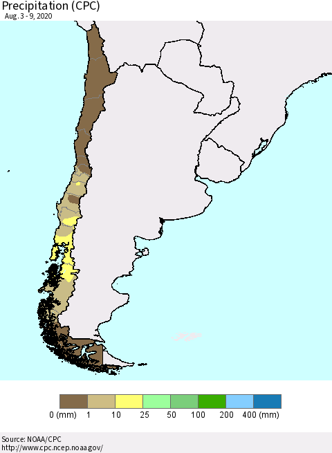 Chile Precipitation (CPC) Thematic Map For 8/3/2020 - 8/9/2020