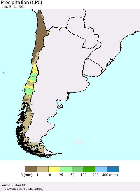 Chile Precipitation (CPC) Thematic Map For 1/25/2021 - 1/31/2021