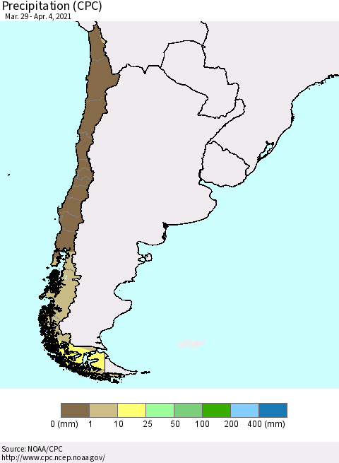 Chile Precipitation (CPC) Thematic Map For 3/29/2021 - 4/4/2021