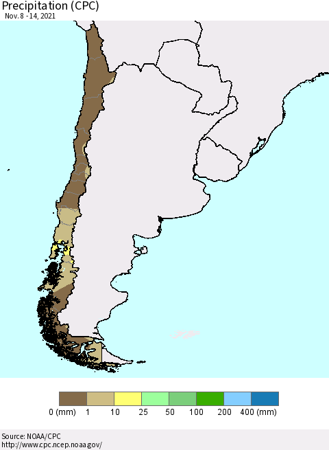 Chile Precipitation (CPC) Thematic Map For 11/8/2021 - 11/14/2021