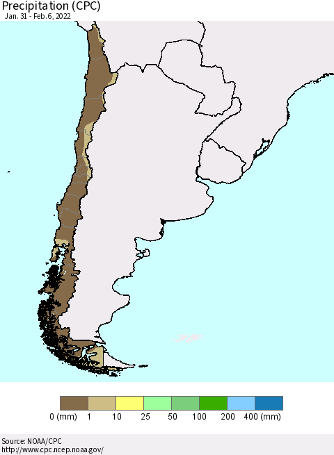 Chile Precipitation (CPC) Thematic Map For 1/31/2022 - 2/6/2022