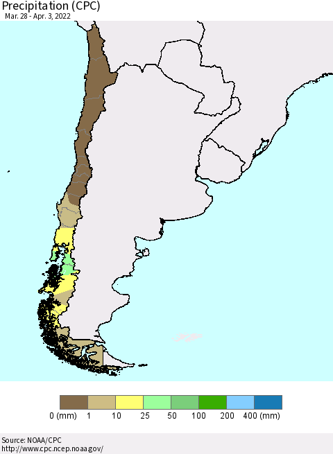 Chile Precipitation (CPC) Thematic Map For 3/28/2022 - 4/3/2022