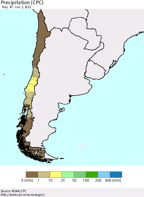 Chile Precipitation (CPC) Thematic Map For 5/30/2022 - 6/5/2022