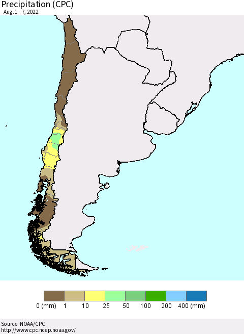 Chile Precipitation (CPC) Thematic Map For 8/1/2022 - 8/7/2022