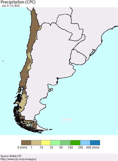 Chile Precipitation (CPC) Thematic Map For 1/9/2023 - 1/15/2023