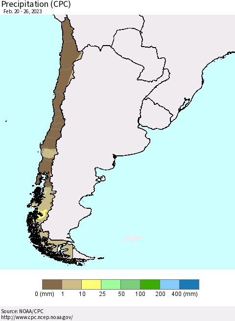 Chile Precipitation (CPC) Thematic Map For 2/20/2023 - 2/26/2023