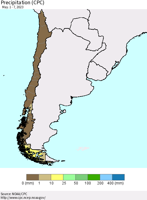 Chile Precipitation (CPC) Thematic Map For 5/1/2023 - 5/7/2023