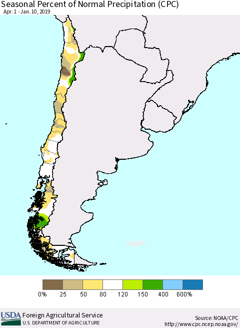 Chile Seasonal Percent of Normal Precipitation (CPC) Thematic Map For 4/1/2018 - 1/10/2019