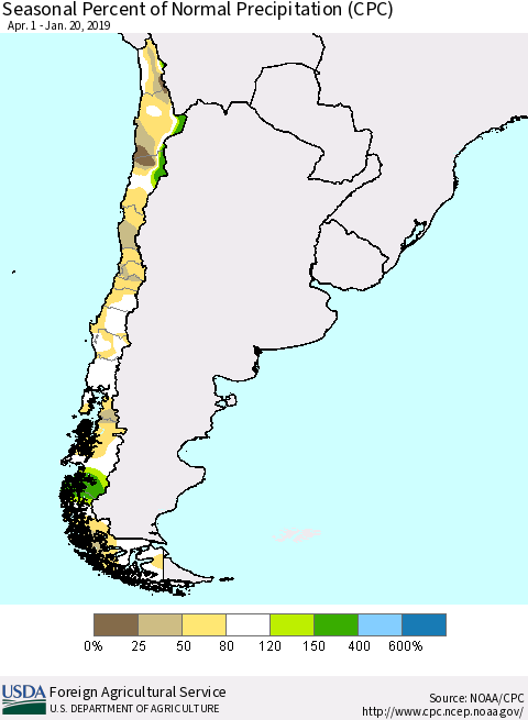 Chile Seasonal Percent of Normal Precipitation (CPC) Thematic Map For 4/1/2018 - 1/20/2019