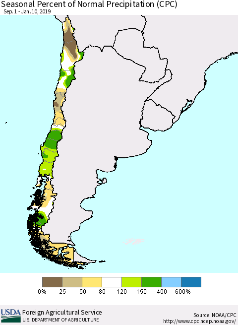 Chile Seasonal Percent of Normal Precipitation (CPC) Thematic Map For 9/1/2018 - 1/10/2019