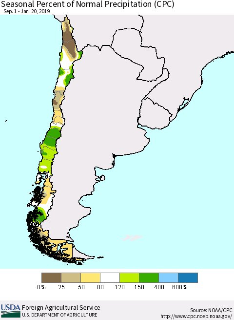 Chile Seasonal Percent of Normal Precipitation (CPC) Thematic Map For 9/1/2018 - 1/20/2019