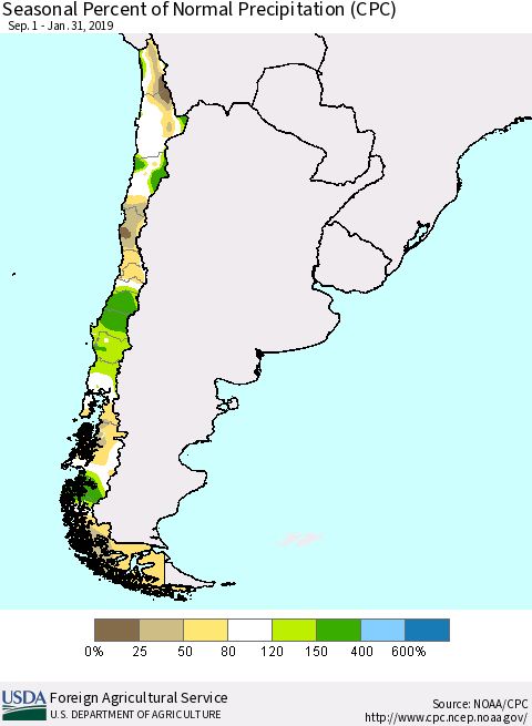 Chile Seasonal Percent of Normal Precipitation (CPC) Thematic Map For 9/1/2018 - 1/31/2019
