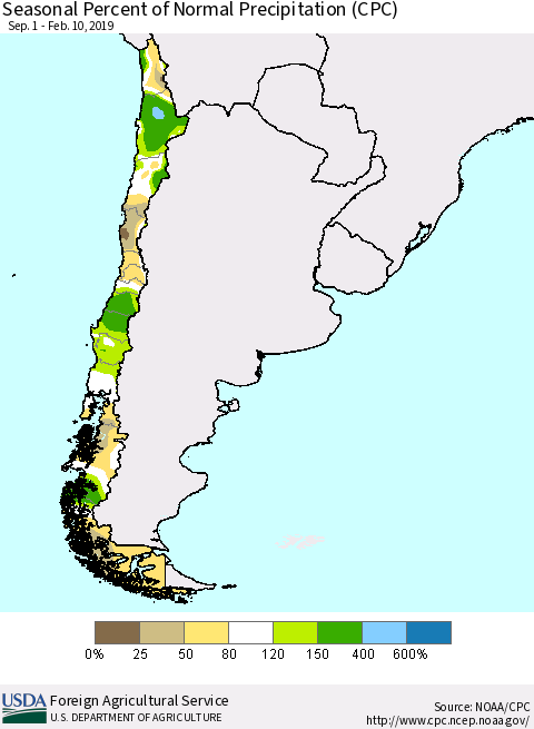 Chile Seasonal Percent of Normal Precipitation (CPC) Thematic Map For 9/1/2018 - 2/10/2019