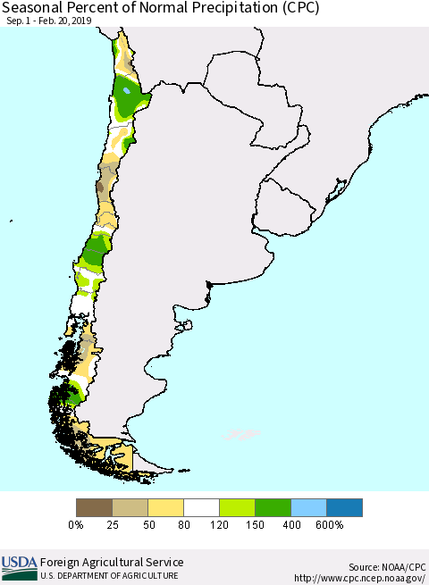 Chile Seasonal Percent of Normal Precipitation (CPC) Thematic Map For 9/1/2018 - 2/20/2019