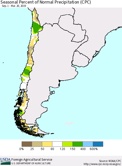 Chile Seasonal Percent of Normal Precipitation (CPC) Thematic Map For 9/1/2018 - 3/20/2019