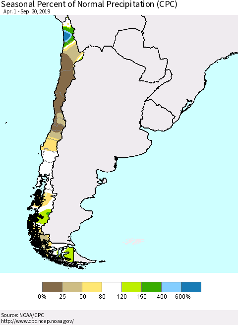Chile Seasonal Percent of Normal Precipitation (CPC) Thematic Map For 4/1/2019 - 9/30/2019