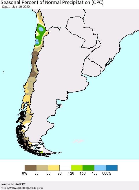 Chile Seasonal Percent of Normal Precipitation (CPC) Thematic Map For 9/1/2019 - 1/10/2020