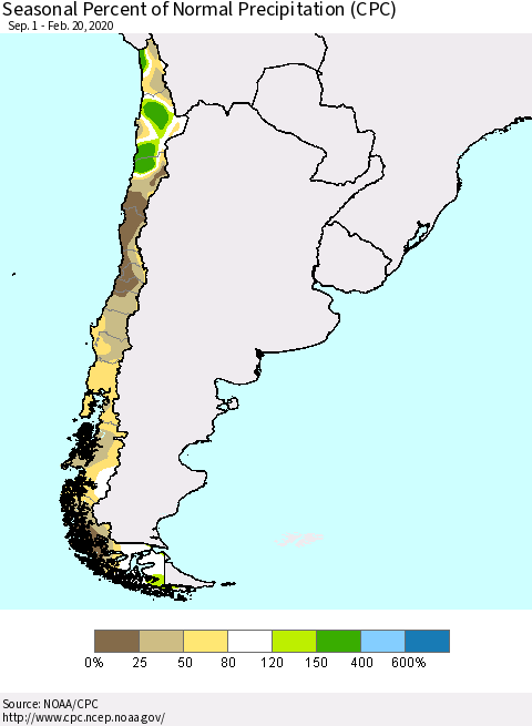 Chile Seasonal Percent of Normal Precipitation (CPC) Thematic Map For 9/1/2019 - 2/20/2020