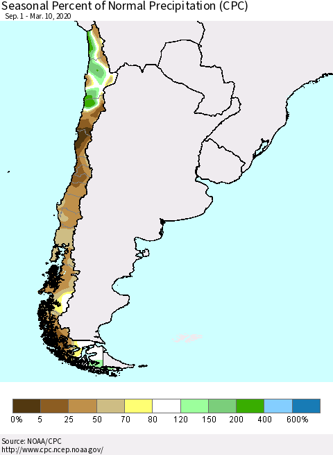 Chile Seasonal Percent of Normal Precipitation (CPC) Thematic Map For 9/1/2019 - 3/10/2020