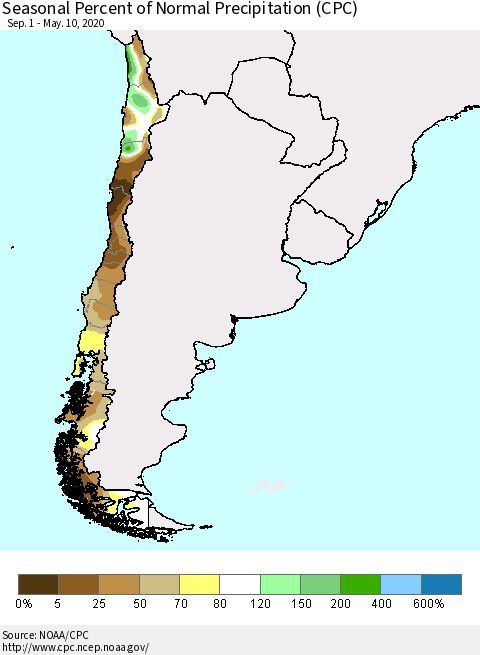 Chile Seasonal Percent of Normal Precipitation (CPC) Thematic Map For 9/1/2019 - 5/10/2020