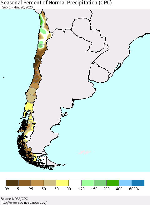 Chile Seasonal Percent of Normal Precipitation (CPC) Thematic Map For 9/1/2019 - 5/20/2020