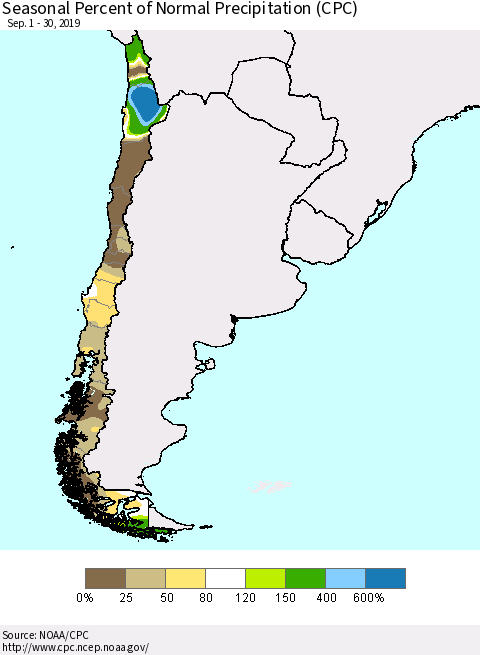 Chile Seasonal Percent of Normal Precipitation (CPC) Thematic Map For 9/1/2019 - 9/30/2019