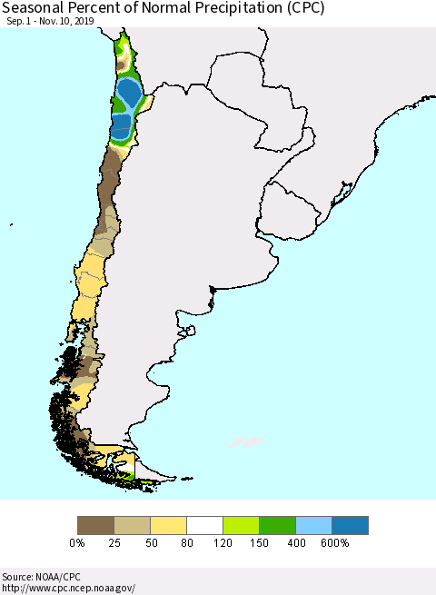 Chile Seasonal Percent of Normal Precipitation (CPC) Thematic Map For 9/1/2019 - 11/10/2019