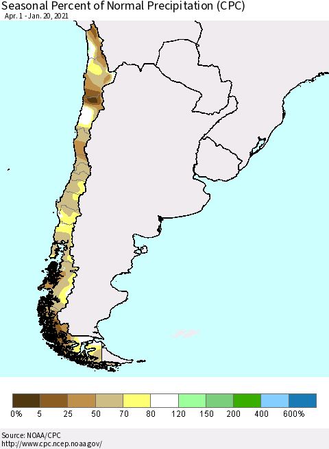 Chile Seasonal Percent of Normal Precipitation (CPC) Thematic Map For 4/1/2020 - 1/20/2021